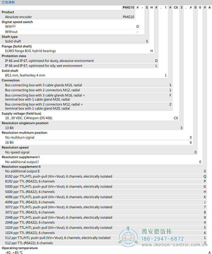 PMG10 - CANopen®絕對值重載編碼器訂貨選型參考(?11 mm實(shí)心軸，帶歐式法蘭B10或外殼支腳) - 西安德伍拓自動化傳動系統(tǒng)有限公司