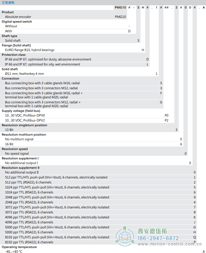 PMG10 - Profibus DP絕對值重載編碼器訂貨選型參考(?11 mm實(shí)心軸，帶歐式法蘭B10或外殼支腳 (B3)) - 西安德伍拓自動化傳動系統(tǒng)有限公司