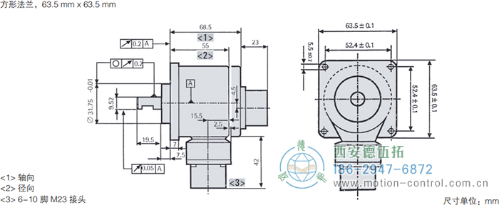 RI58-O/RI58-T實(shí)心軸光電增量通用編碼器外形及安裝尺寸(方形法蘭，63.5mm×63.5mm) - 西安德伍拓自動化傳動系統(tǒng)有限公司